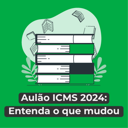 Desenho em vetor de livros empilhados, com descritivos em baixo do vetor com fundo verde. - Tributei