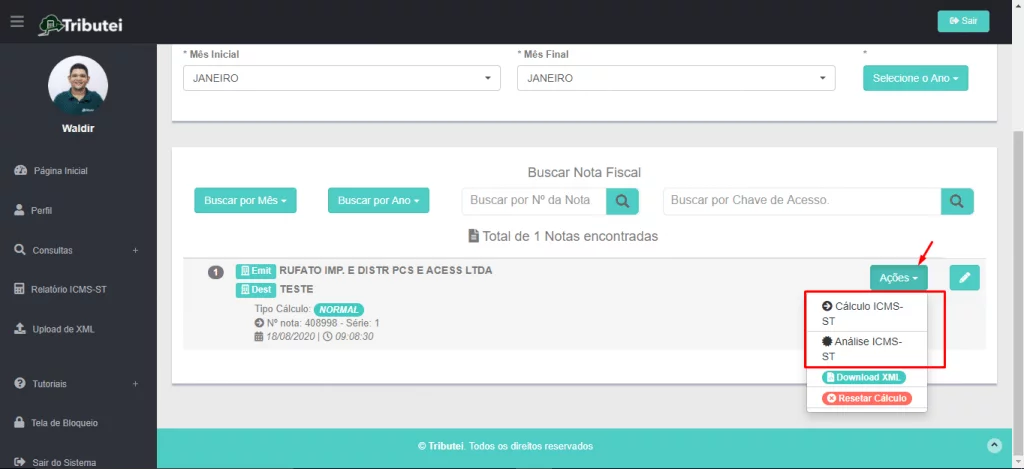 Lista de notas fiscais tributei